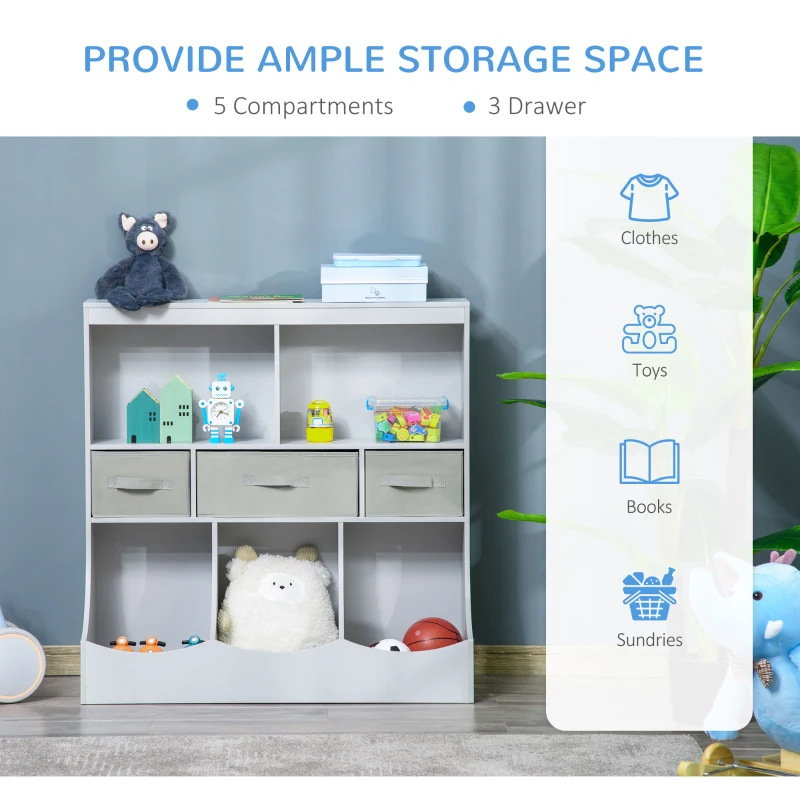 HOMCOM Kids Bookcase, Toy Storage Organizer Cabinet, Children Display Bookshelf with Drawers for Toys, Clothes, Books, Gray