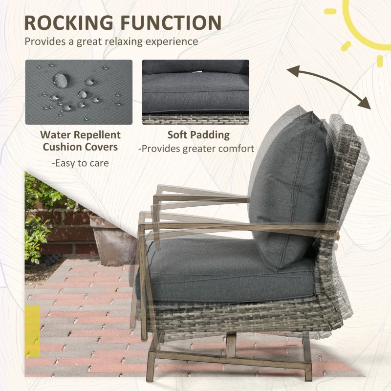 Outsunny Patio Bistro Set, Porch Furniture with Soft Cushions and Rocking Function for Yard, Lawn, Porch, Dark Gray