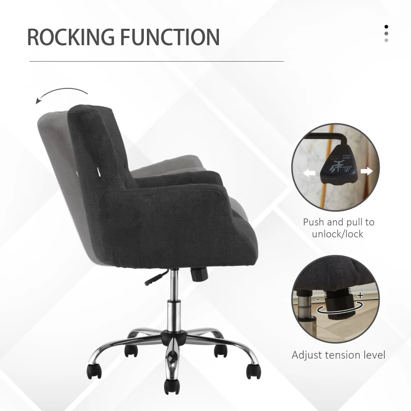 HOMCOM Mid Back Task Chair, Modern Home Office Chair with Tufted Button Design and Padded Armrests, Swivel Computer Desk Chair for Study Living Room Bedroom, Carbon Black