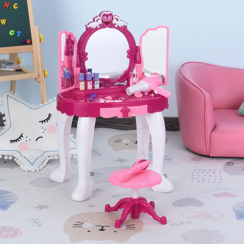 Qaba Children Dressing Table Set Girls Pretend Princess Vanity Table Chair with Music and Lightening Cosmetic Mirror Hair Dryer Nail Polish Necklace Bracelet