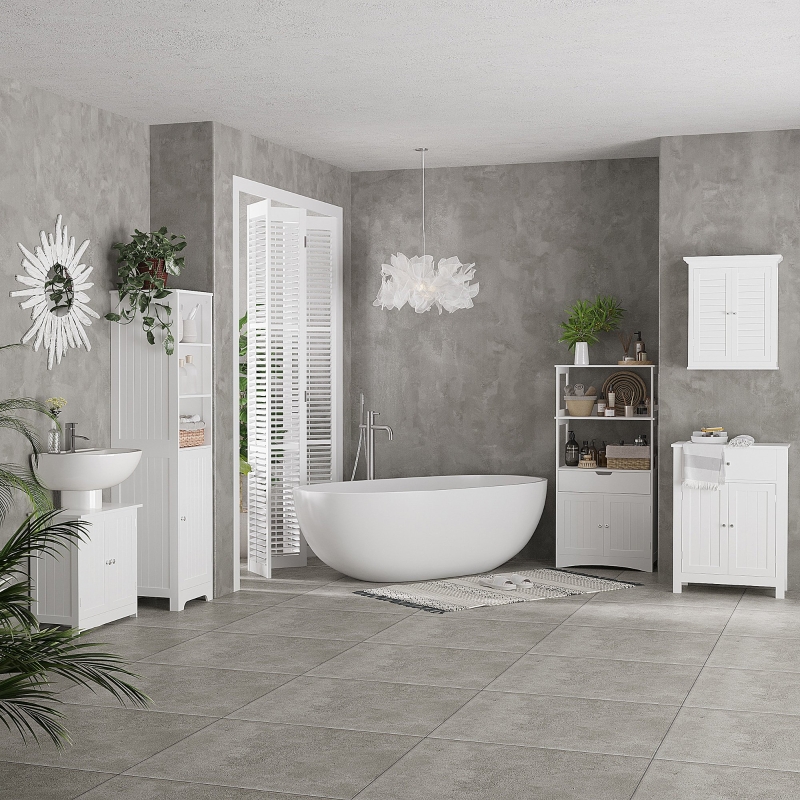 Adjustable Shelves Bathroom Unit Kleankin Tall With Mirror - Freestanding Floor Unit With Adjustable Shelves, White | Space-Saving Tallboy Bathroom Storage Cabinet