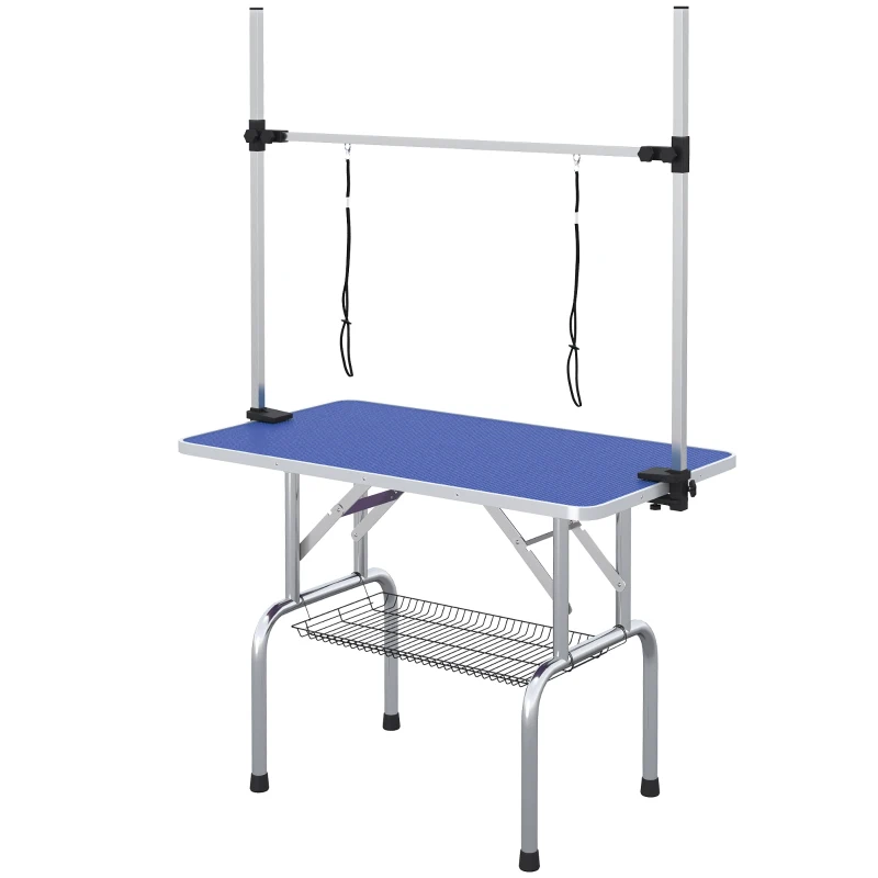 PawHut Adjustable Dog Grooming Table with 2 Safety Slings, Storage Basket, Blue