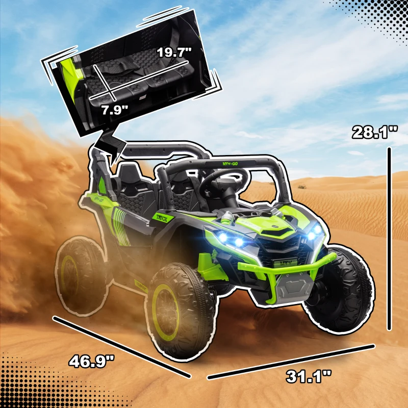 Qaba 24V 7AH Ride on Car, 2 Seater 4 MPH Ride on UTV with 4 Shock Absorbers, Music Horn LED Lights, for 3-8 Years, Green