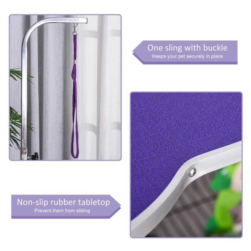 PawHut 37" Foldable Pet Grooming Table Dog Drying Table with Adjustable Arm Non-Slip Rubber Tabletop Aluminium Alloy Edge Stainless Steel Bar Hanging Leash Purple
