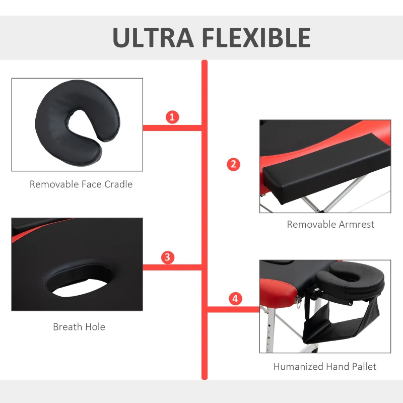 HOMCOM 85" 3 Section Foldable Massage Table Professional Salon Spa Facial Couch Bed (Black/Red)