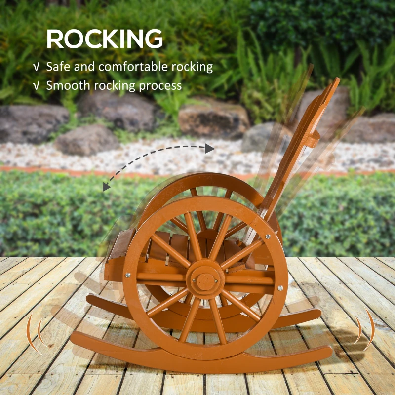 Outsunny Wooden Rocking Chair, Adirondack Rocker Chair w/Slatted Design and Oversized Back, Outdoor Rocking Chair with Wagon Wheel Armrest for Porch, Poolside, and Garden, Teak