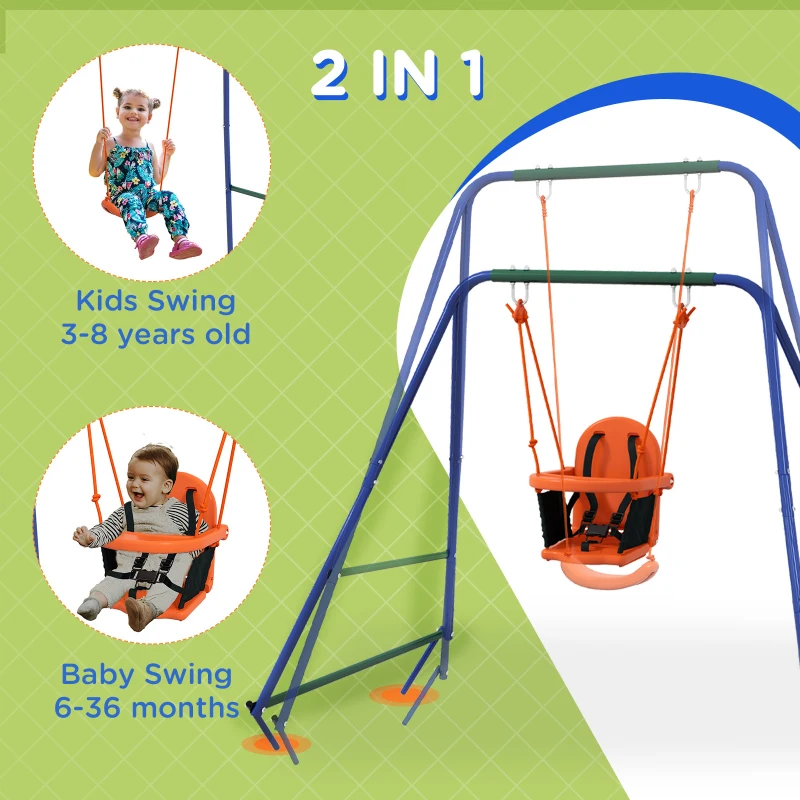 Outsunny Kid Swing Set with Safety Harness for Baby, Kids 6 Months+, Heavy Duty Swing Set for Indoor/Outdoor, Backyard, Orange