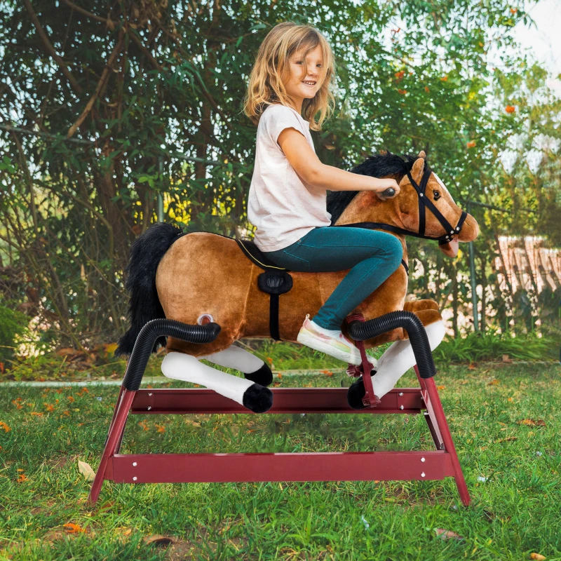 Qaba Spring Rocking Horse Kid Children Plush Ride on Toy with Realistic Sounds
