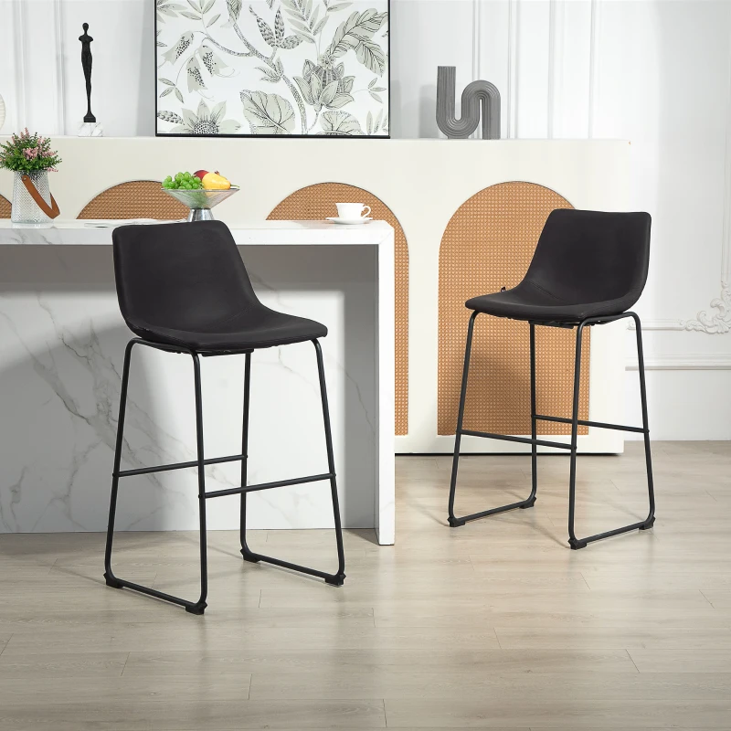 HOMCOM Counter Height Bar Stools Set of 2, Vintage PU Leather Bar Chairs, Kitchen Stool with Footrest, Dark Brown