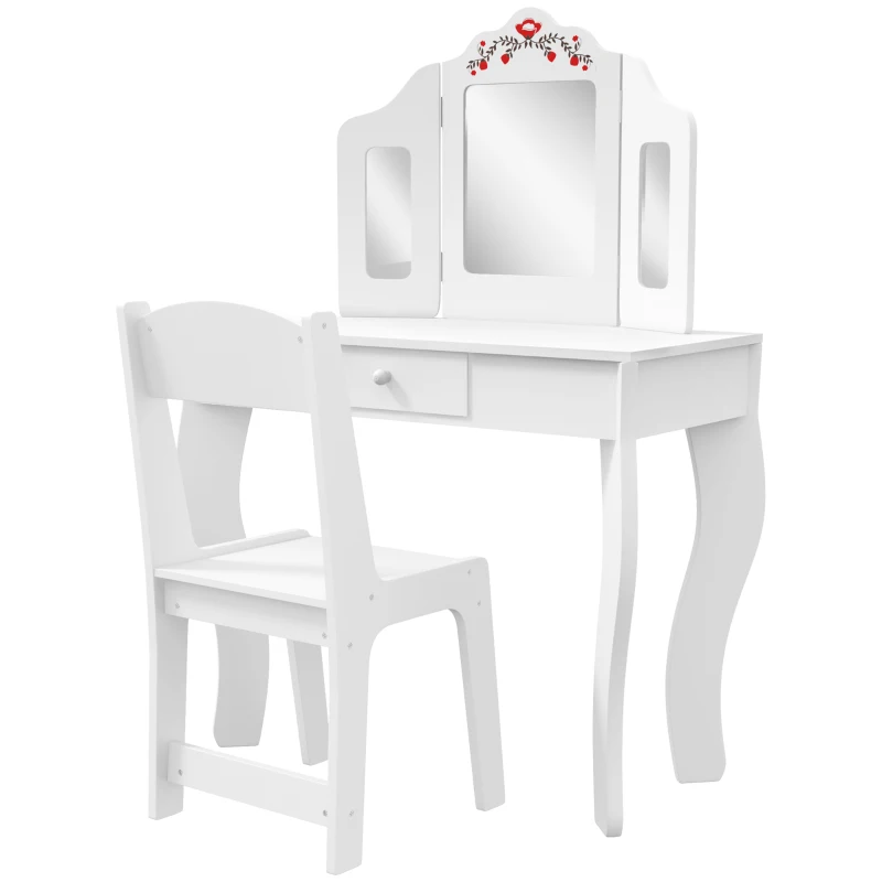 Qaba Kids Vanity Set, Dual-Use Dressing Table with Removable Tri-Folding Mirror and Drawer, for Ages 3-8, White