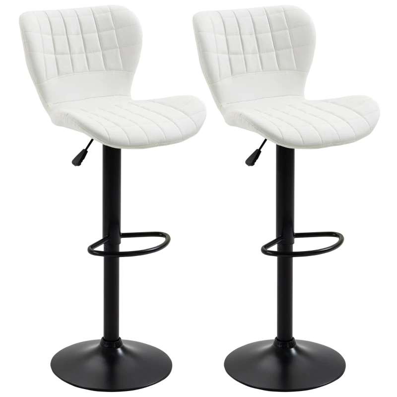 HOMCOM Bar Stools Set of 2 Adjustable Height Swivel Bar Chairs in PU Leather with Backrest & Footrest, White