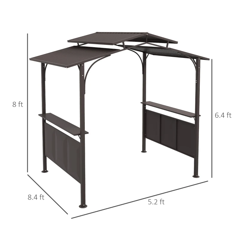 Outsunny 8'x5' BBQ Grill Gazebo, Outdoor Double Tiered Interlaced Polycarbonate Roof with Steel Frame, 2 Side Shelves, Brown