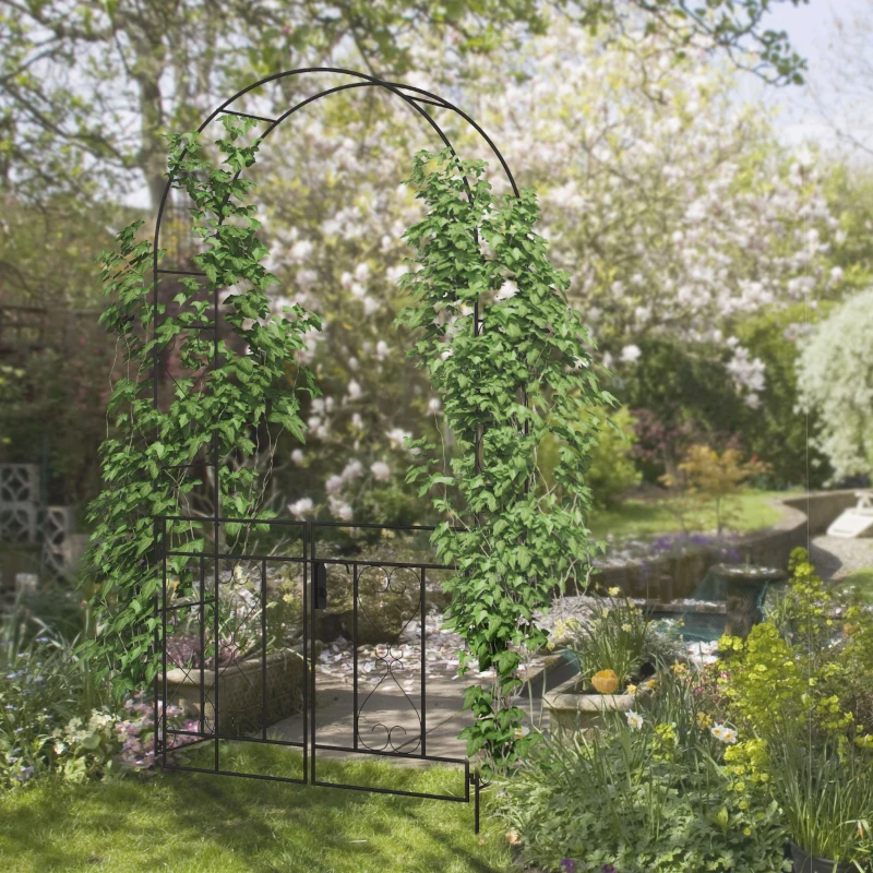 Outsunny 7.6FT Metal Garden Arch with Gate, Garden Arbor Trellis for Climbing Plants, Roses, Vines, Wedding Arch, Black