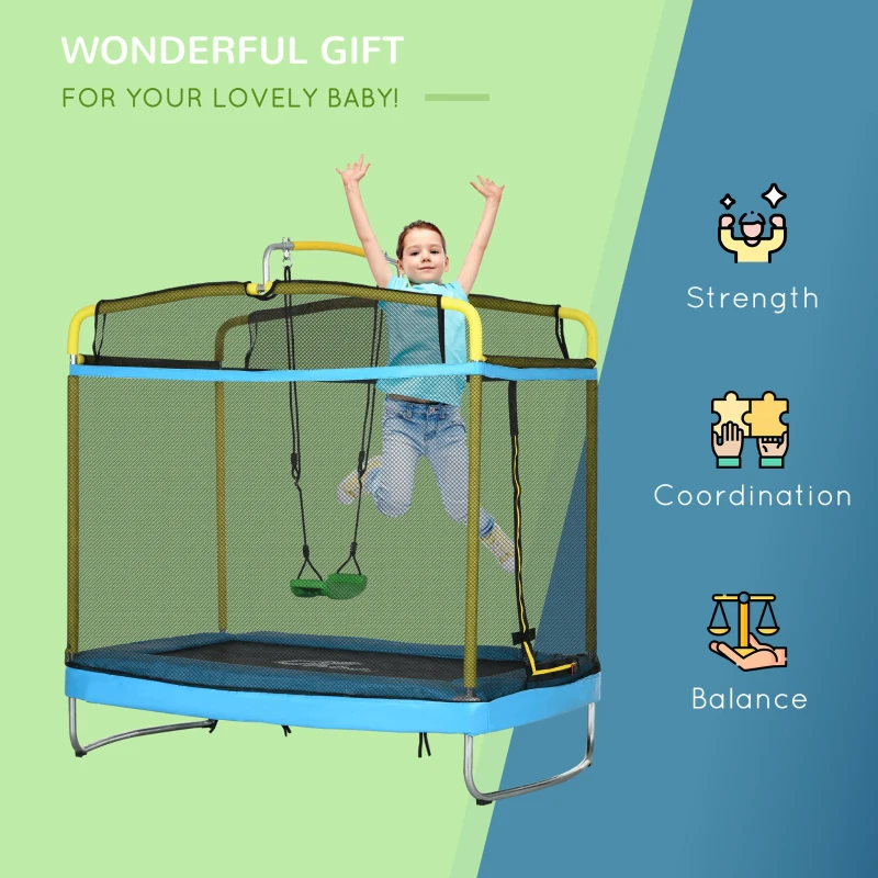 Qaba 6.9FT Kids Trampoline with Safety Net, Gymnastics Bar, Swing, Toddler Trampoline for 3+ Years Old Indoor/Outdoor