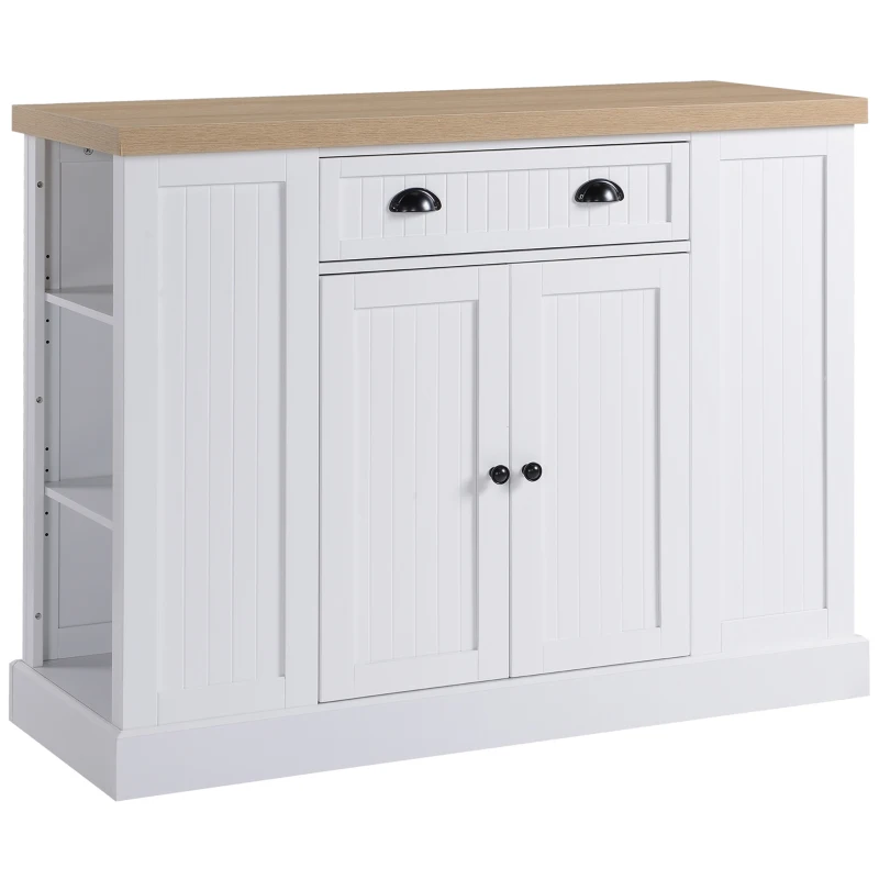 HOMCOM Fluted-Style Wooden Kitchen Island with Storage Cabinet and Drawer, Butcher Block Island for Dining Room, White