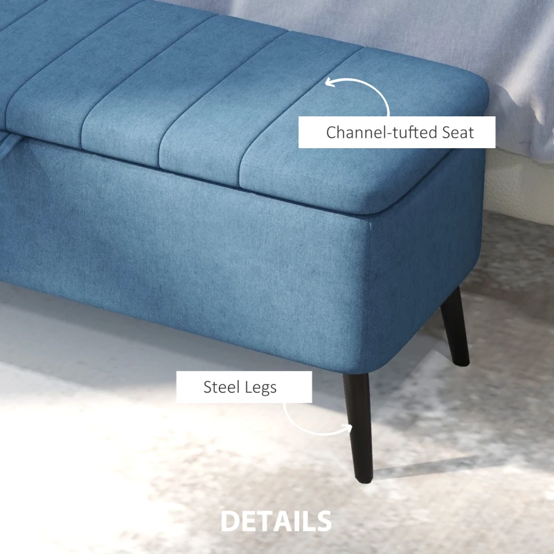 HOMCOM 40" Ottoman with Storage, Linen Upholstered Storage Ottoman Bench with Steel Legs for Living Room, Bedroom Dark Blue