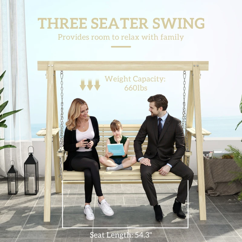 Outsunny 3 Seat Wooden Porch Swing with Stand, Patio Swing with Side Tables, for Garden, Poolside, Backyard, Natural Wood