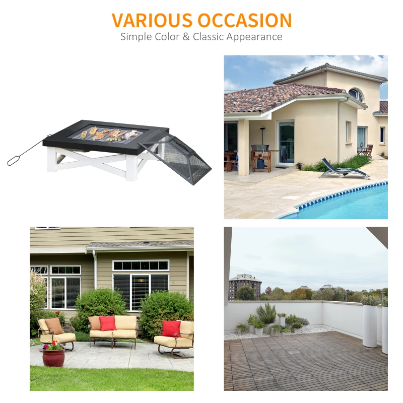 Outsunny 34" Outdoor 3 in 1 Steel Square Firepit Portable Stove with Spark Screen Cover, Log Grate, Poker, Grill Net for Patio, White & Black
