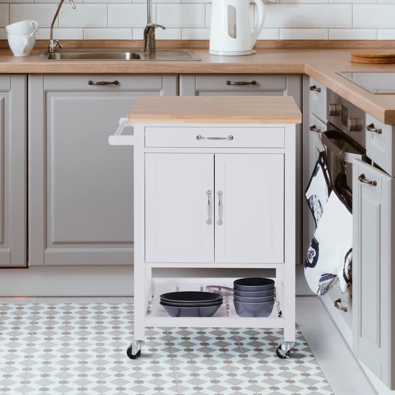 HOMCOM Kitchen Storage Cabinet Trolley Serving Cart Rubber Wood top Rolling Kitchen Island with Towel Rack and Drawer White