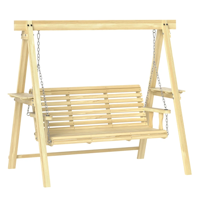 Outsunny 3 Seat Wooden Porch Swing with Stand, Patio Swing with Side Tables, for Garden, Poolside, Backyard, Natural Wood