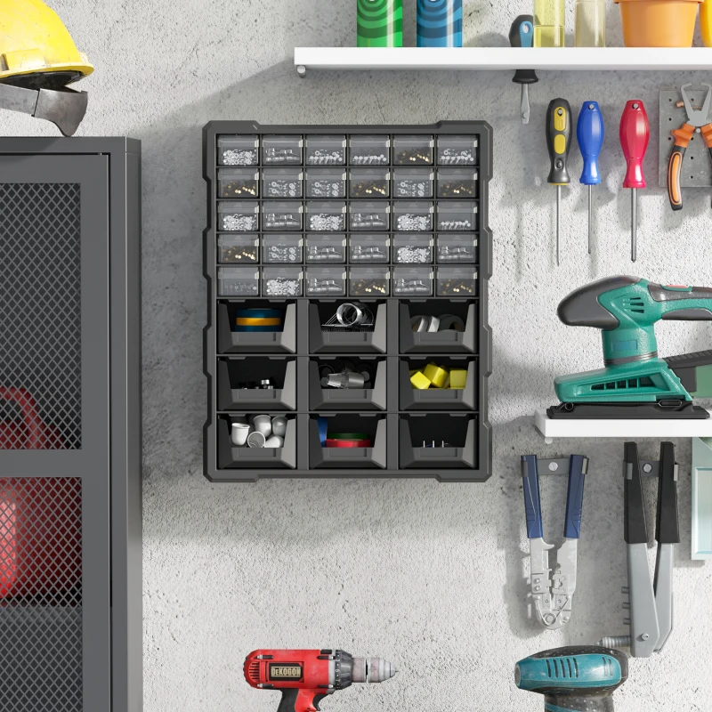 DURHAND Plastic 39 Drawer Parts Organiser Wall Mount Storage Cabinet for Small Nuts Bolts Tool Black