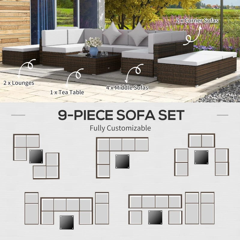 Outsunny 9 Pieces Wicker Patio Furniture Set with Cushion, Light Grey