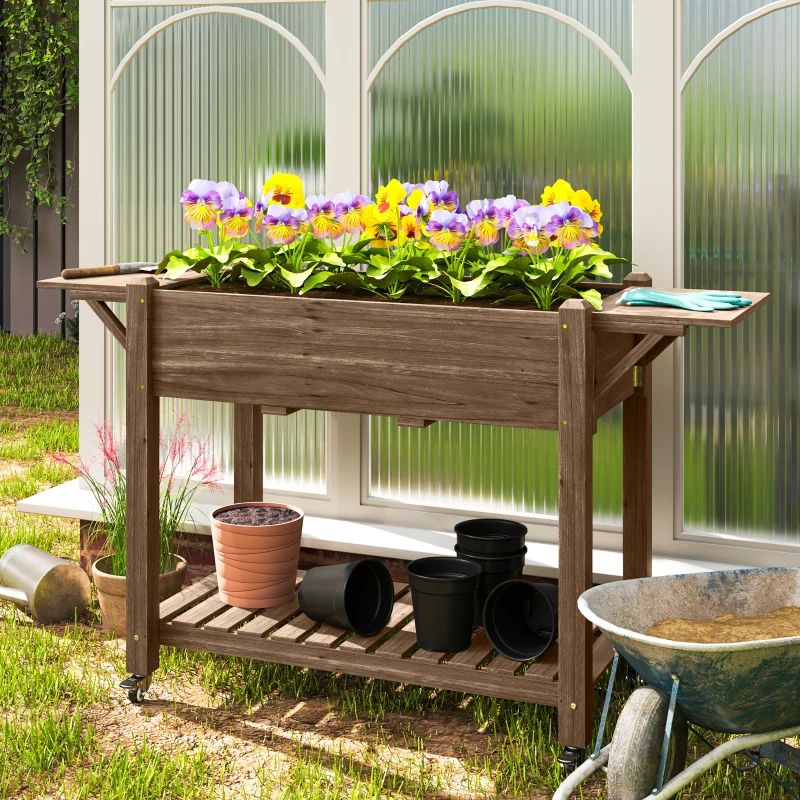 Outsunny Wood Raised Planter Box, Elevated Garden Bed with Lockable Wheels, Side Tables, Bottom Shelf, Drain Holes, Carbonized