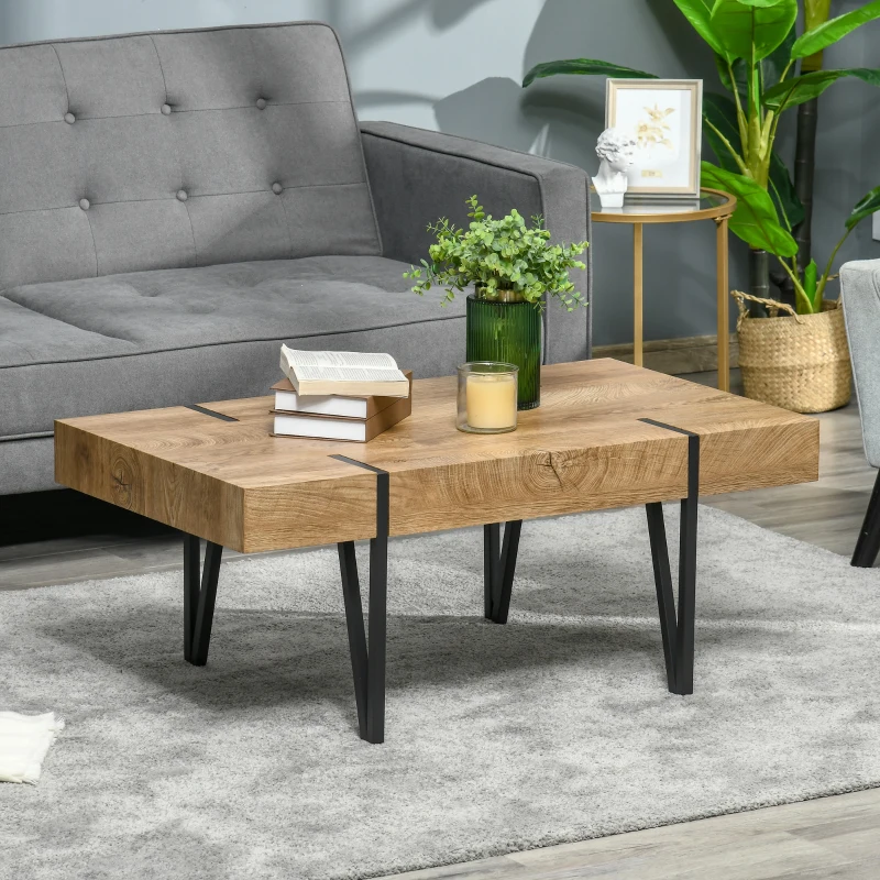 HOMCOM Rustic Coffee Table, Rectangle Nature Central Table with Steel Hairpin Legs for Living Room