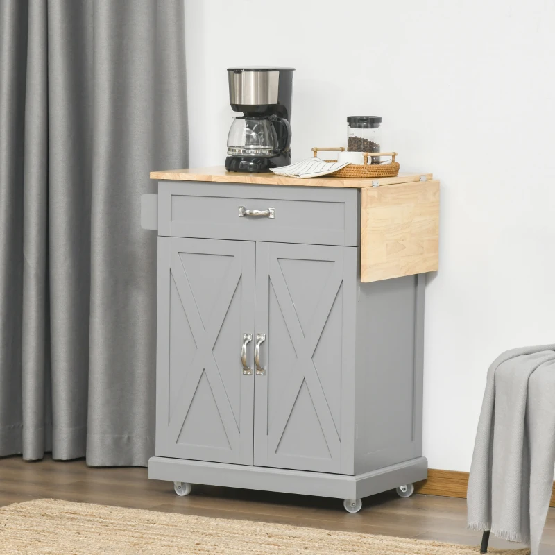 HOMCOM Foldable Kitchen Island with Storage Drawer, Farmhouse Style Rolling Utility Cart, Coffee Bar Cabinet on Wheels with Drop-Leaf Wood Top, Grey