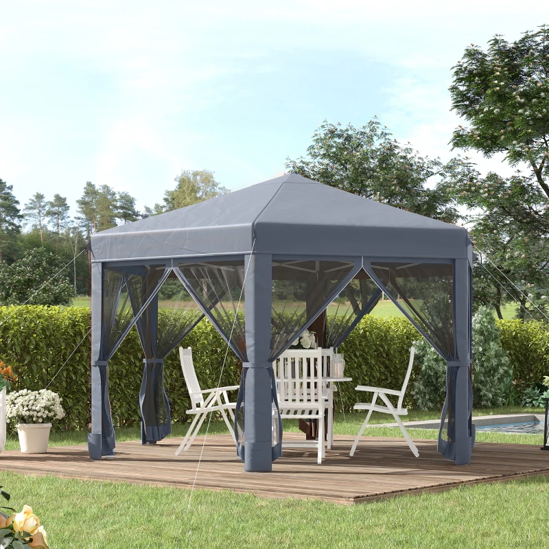 Outsunny 13' x 11' Hexagonal Pop Up Gazebo, Heavy Duty Outdoor Canopy Tent with 6 Mesh Sidewall Netting, 3-Level Adjustable Height and Strong Steel Frame, Gray
