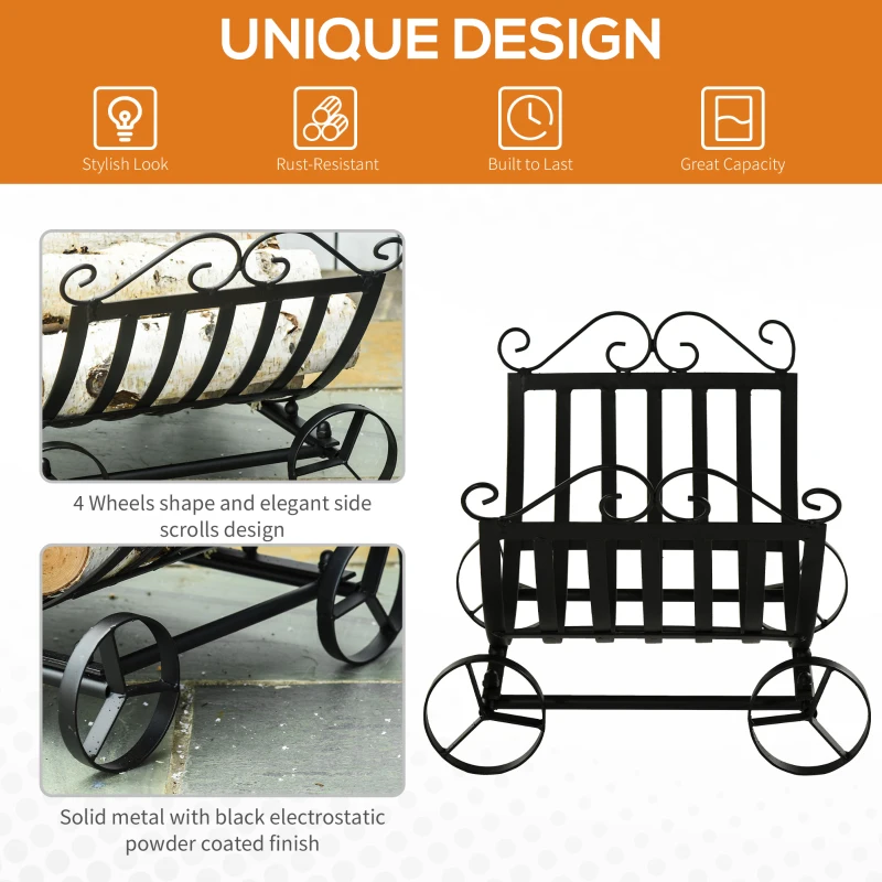 Outsunny 23" Firewood Log Rack Curved Fireplace Log Holder Stylish Wood Storage Carrier with Scrolls, for Outdoor and Indoor Use, Black