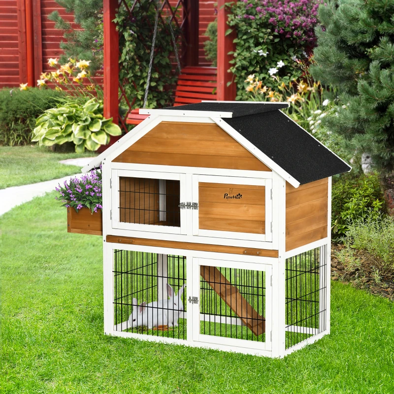 PawHut Rabbit Hutch Outdoor for 2 Rabbits, Wooden Rabbit Cage with Flower Bed, Removable Tray, Ramp