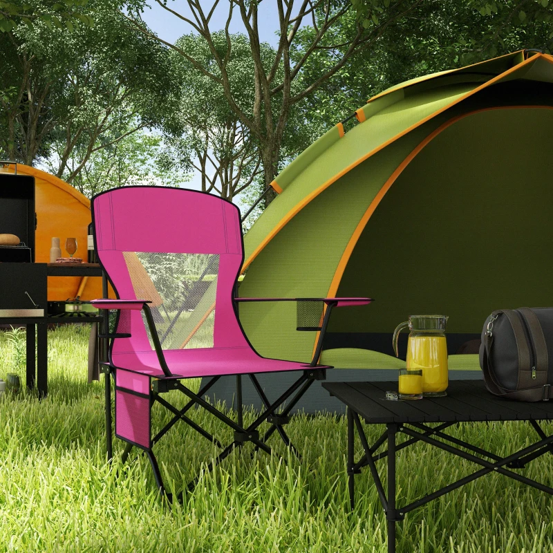 Outsunny Outdoor Rocking Chair Folding Camping Chair Portable Rocker with Armrests, Side Cup Holders, & Carry Bag, Red