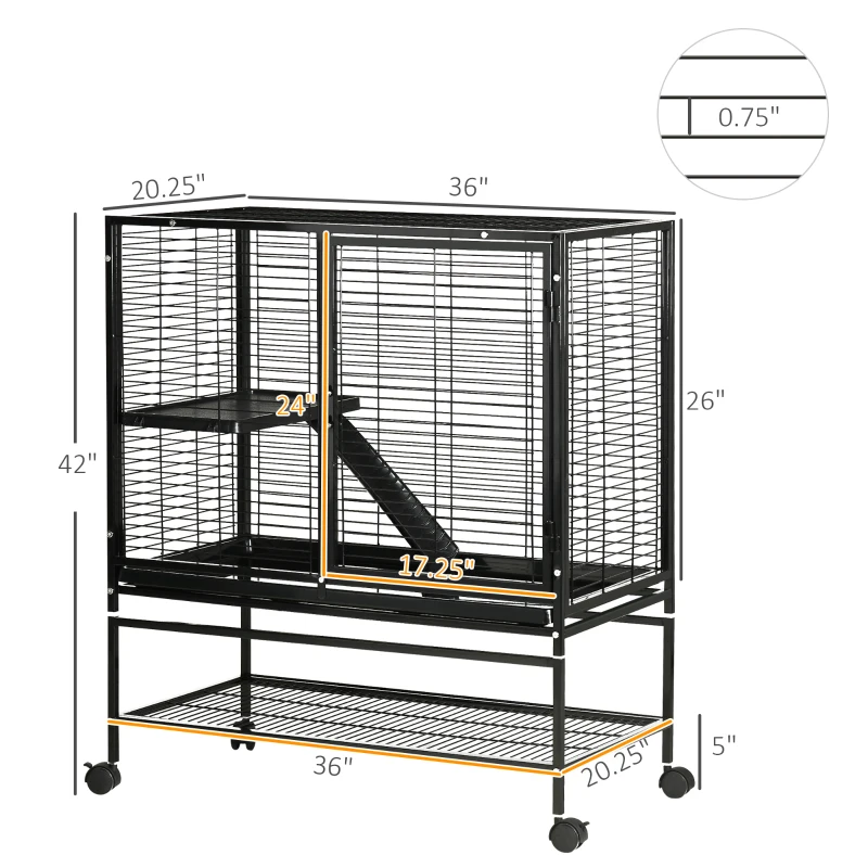 PawHut Guinea Pig Cage with Tray, Small Animal Habitat, Metal Wire Chinchilla Cage, Hedgehog Cage, Pet Ferret Cage with Wheels & Storage Shelf, Little Critter Cage