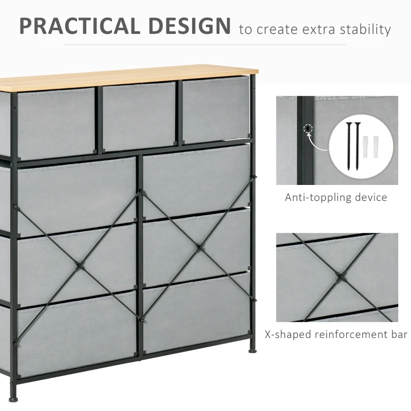HOMCOM 9 Drawers Storage Chest Dresser Organizer Unit w/ Steel Frame, Wood Top, Easy Pull Fabric Bins, for Hallway, Closet, Entryway, Oak & Grey