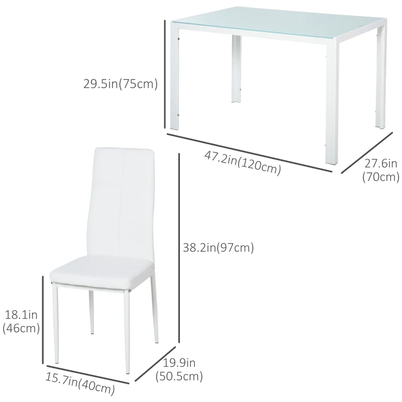 HOMCOM 5-Piece Rectangular Glass Kitchen Table and Chairs with Metal Frame and Faux Leather Upholstery for Dining Room, White
