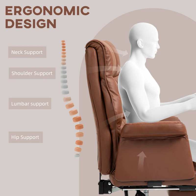 HOMCOM PU Leather Executive Office Chair, Ergonomic and Reclining Office Desk Chair with Footrest, Brown