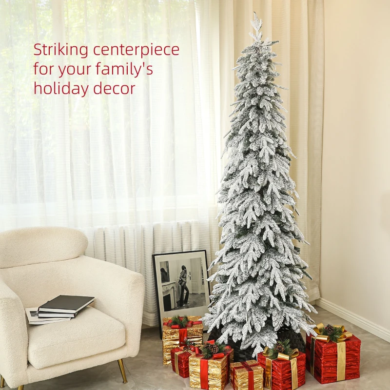 HOMCOM 7ft Pencil Flocked Artificial Christmas Tree with 800 Branch Tips, Auto Open and Steel Base, Green