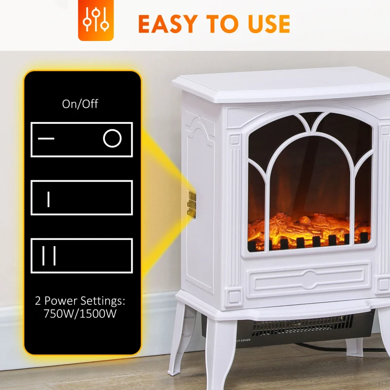HOMCOM Electric Fireplace Heater, Freestanding Fireplace Stove with Realistic Flame Effect Overheat Protection 750W/1500W White