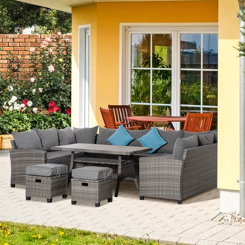 Outsunny 6 Piece Patio Furniture Set, PE Wicker Outdoor Furniture Conversation Set with 3 Sofas, 2 Ottomans and Slatted WPC Top Dining Table, All Weather Sectional Sofa Couch with Pillows, Gray