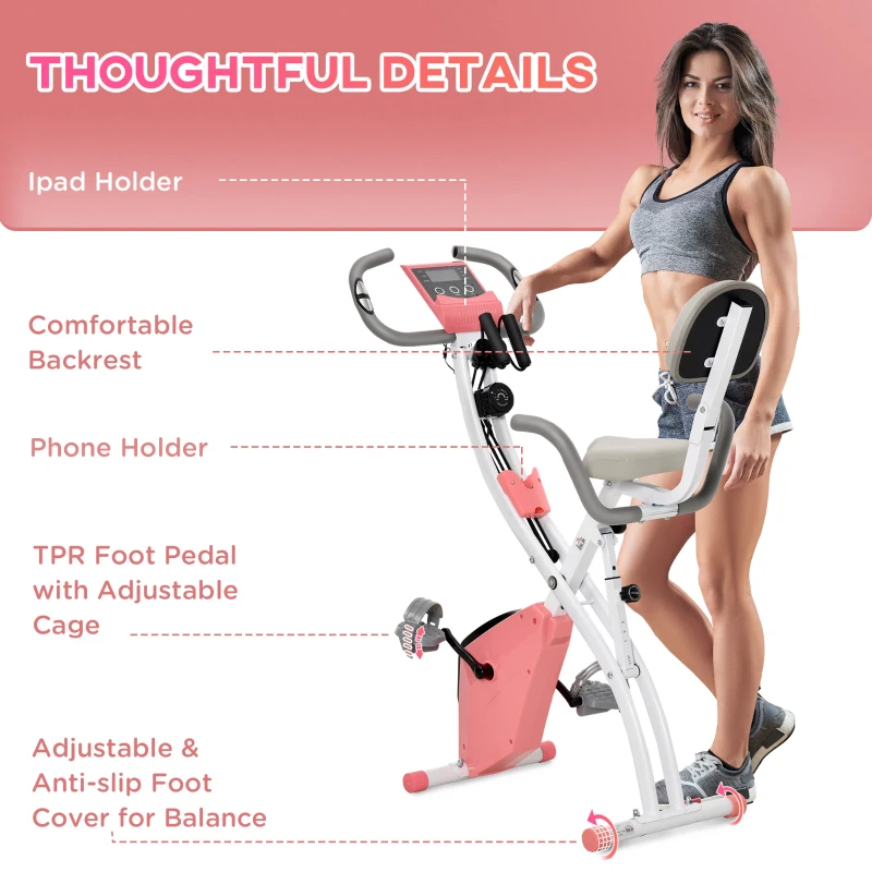 Soozier 3 in 1 Folding Exercise Bike, Foldable Stationary Bike with 8-Level Magnetic Resistance, Adjustable Seat, Pink