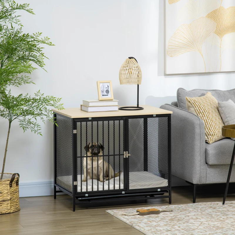 PawHut Dog Crate Furniture with Water-Resistant Cushion Medium Dog Kennel, Oak, 31.5" x 22" x 28"