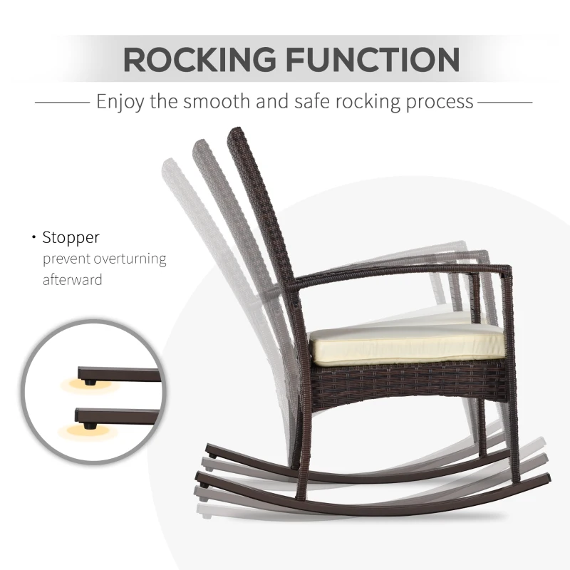 Outsunny 3 Pieces Patio Wicker Rocking Chair Set,  Outdoor PE Rattan Bistro Set Conversation Rocker Set with 2 Chairs 1 Coffee Table for Backyard, Deck, Poolside, Cream White