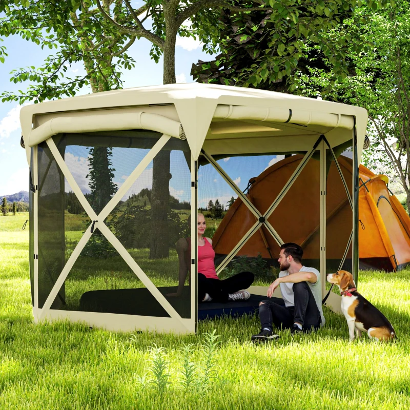 Outsunny 11 x 11ft Pop Up Gazebo Screen Tent with Removable Roof Cover, Roll-up Wind Panels for Camping, Backyard, Beige