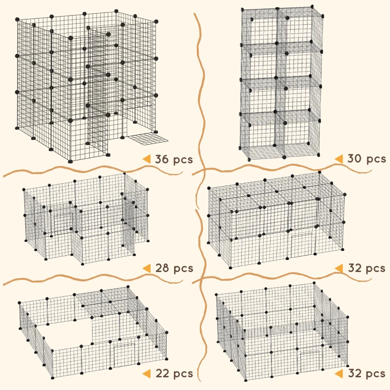 PawHut 40 Pcs Small Animal Cage Bunny Hutch Portable Metal Wire with Ramps for Kitten Chinchilla, Black