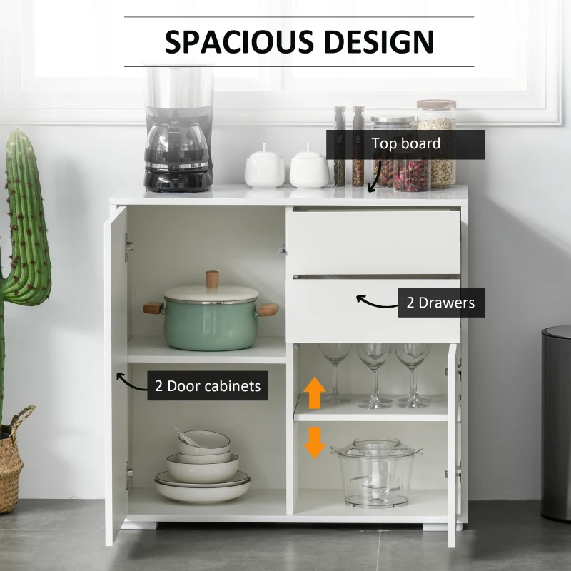 HOMCOM High Gloss Buffet Sideboard with 2 Drawers, 2 Doors and Adjustable Shelf, Kitchen Storage Cabinet with Push Open Design, White