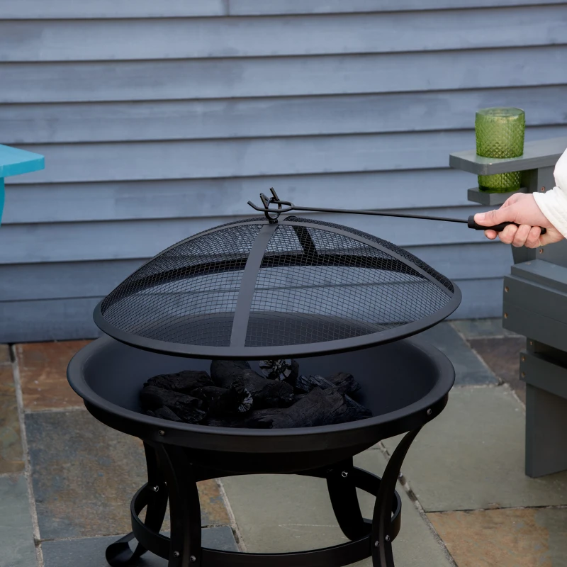 Outsunny Outdoor Fire Pit, Firepit with Mesh Lid, Poker, for Camping, Bonfire, Picnic, Black