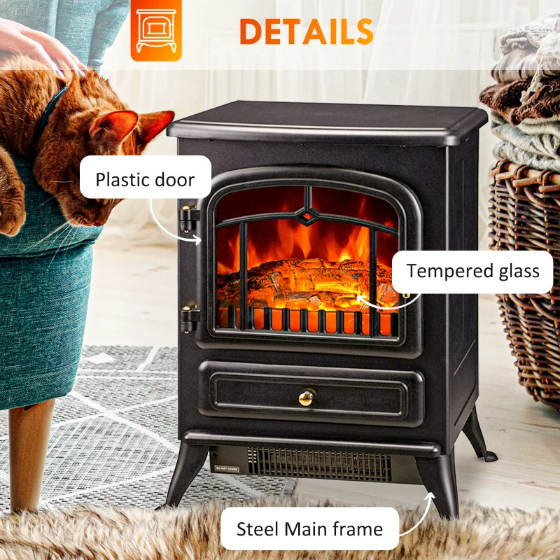 HOMCOM Fireplace Stove, Electric Fireplace Heater with Realistic LED Flames and Logs, 725W/1450W, Black
