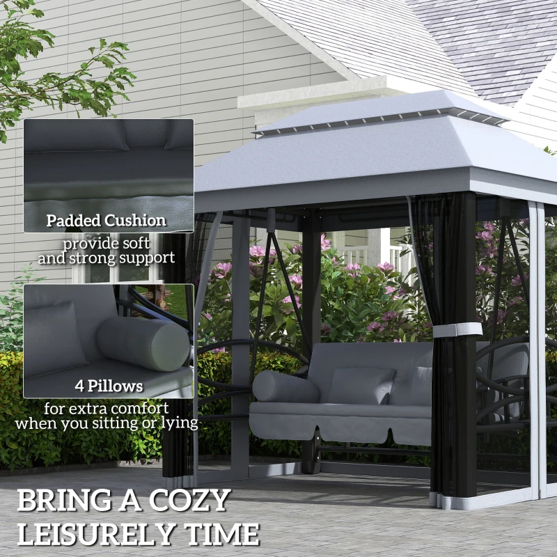 Outsunny 3-Seat Patio Swing Chair, Outdoor Gazebo Swing with Double Tier Canopy, Mesh Sidewalls, Cushioned Seat and Pillows, Gray