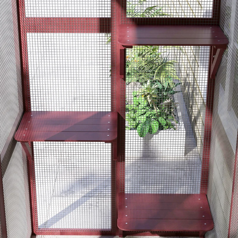 PawHut 71" x 39" x 71" Cat Cage, Large Outdoor Wooden Cat Patio with 6 Balanced Platforms and Asphalt Roof, Wine Red